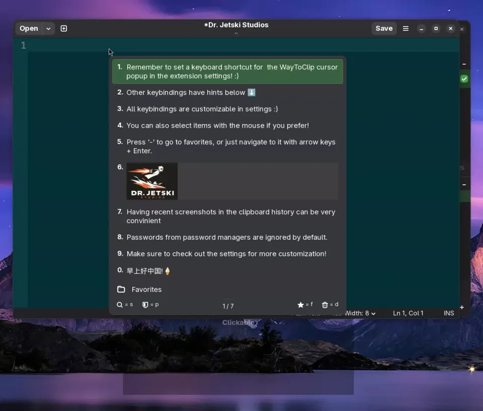 Silent clip of WayToClip navigating clipboard history with the keyboard and pasting text and an image.