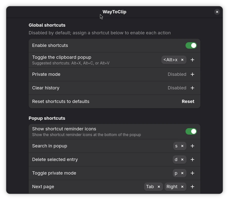 WayToClip settings for customizing clipboard history and keyboard navigation.