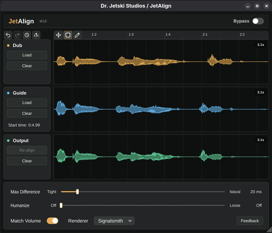 JetAlign plugin showing aligned dub, guide, and output waveforms.