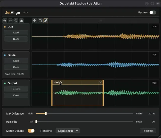 Silent clip of JetAlign editing alignment regions on the dub, guide, and output tracks.