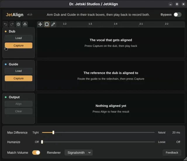 Silent clip of JetAlign recording a dub take and aligning it to the guide.