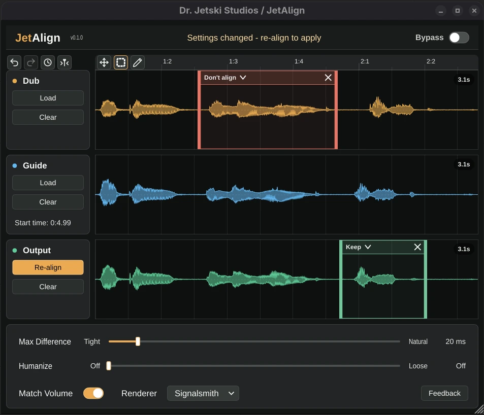 JetAlign timeline with don't-align and keep regions selected for re-alignment.